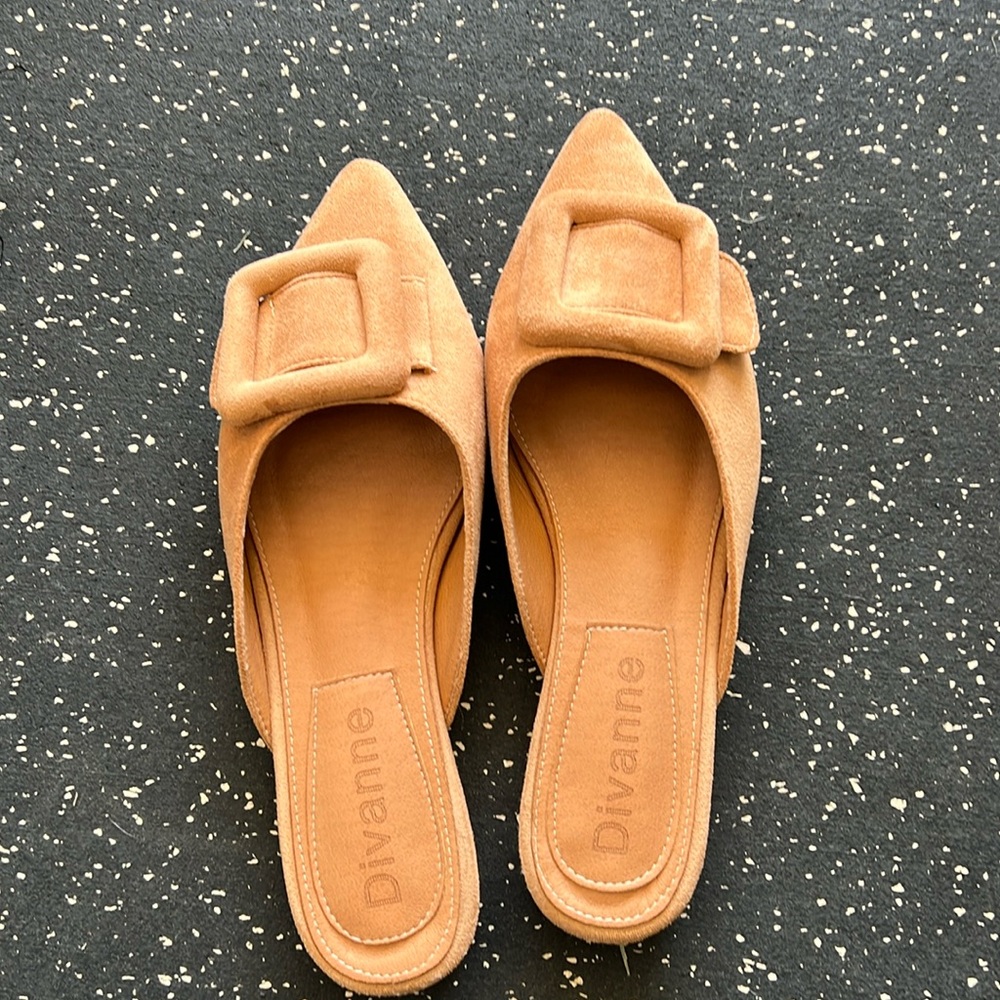 Suede tan flats with big buckles
